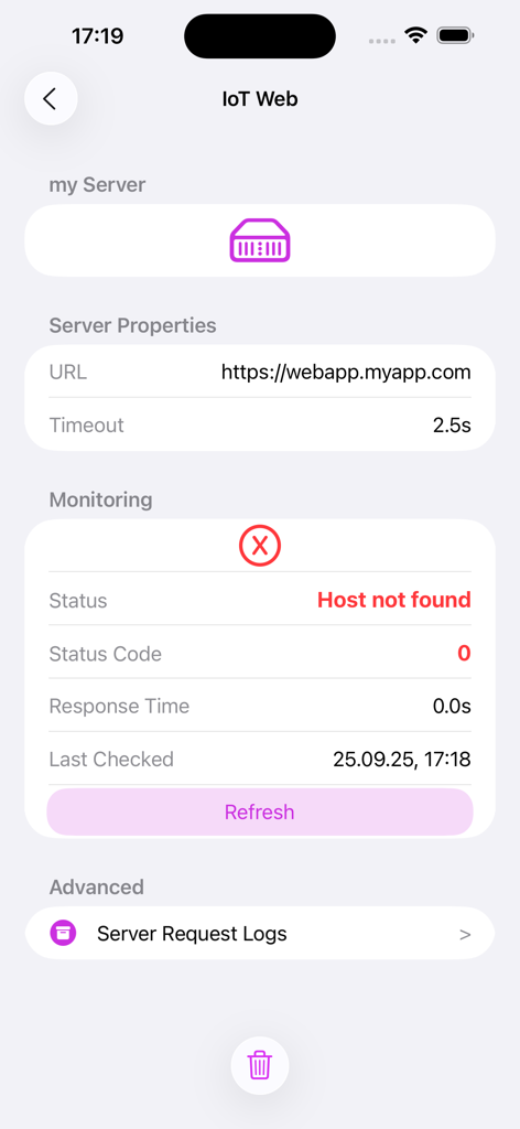 WebServerMonitor app screen displaying a host not found error for a monitored server