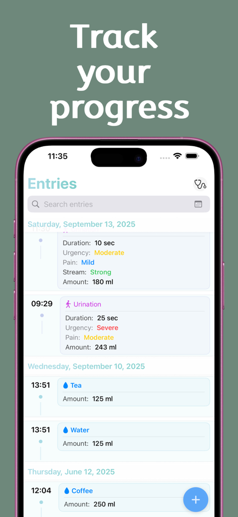 App-Bildschirm, der ein detailliertes Protokoll von Urinier- und Flüssigkeitsaufnahmeeinträgen anzeigt