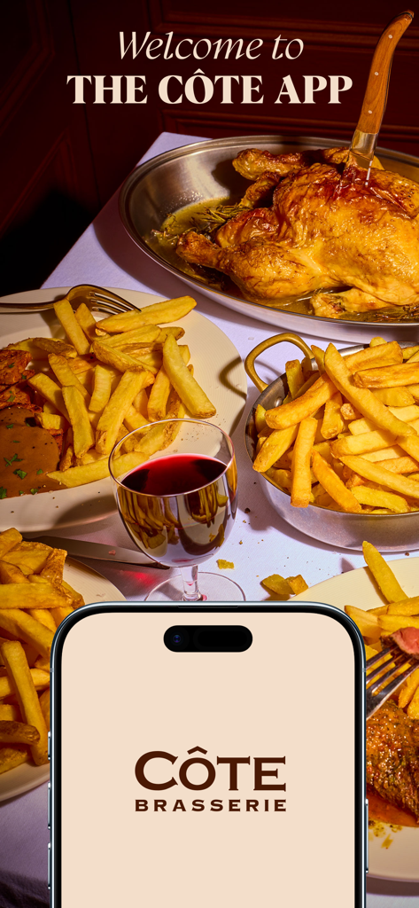 Côte Brasserie - Cote Brasserie app welcome screen with French cuisine background