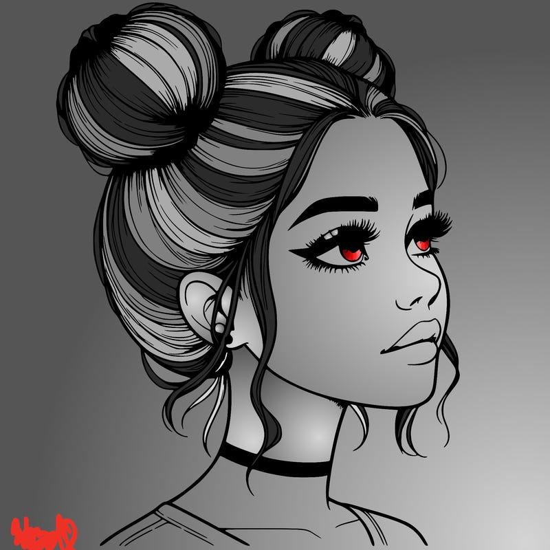 realistic girl with buns on the top of her head