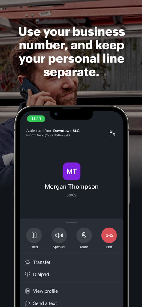 Podium - Small Business Tools - Smartphone screen showing an active business call in the Podium app with separate business and personal lines
