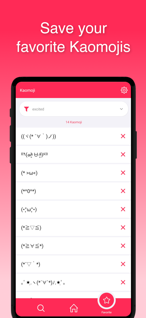 興奮したカテゴリの下に保存されたお気に入りのテキスト絵文字のリストを表示する顔文字エモティコンアプリのモバイルインターフェース