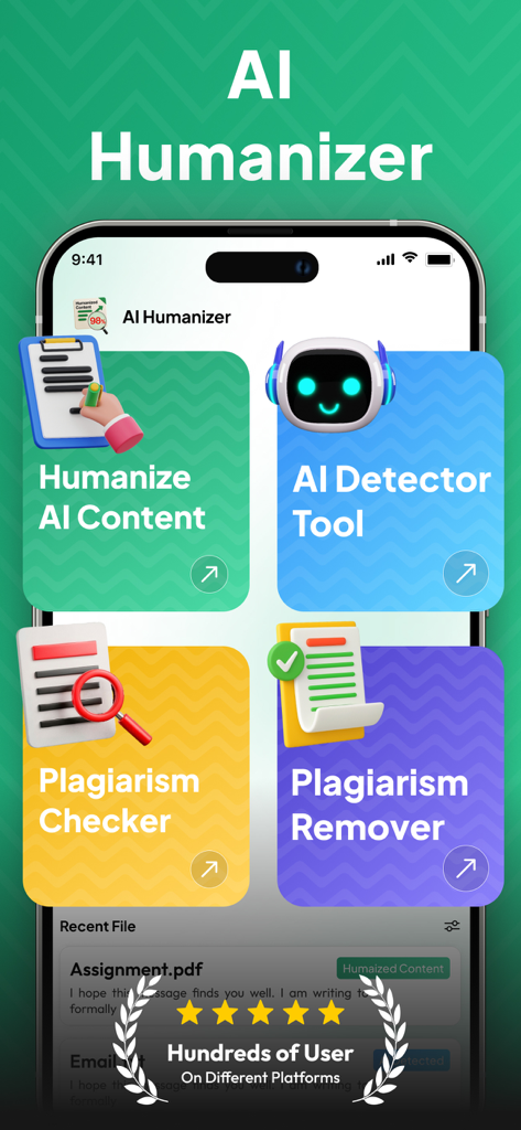 Humanizer - Humanize AI Text - AI Humanizerアプリのホーム画面。コンテンツの人間化、AI検出、盗用チェックのオプションが表示されています。