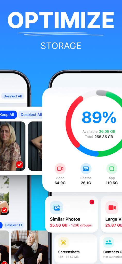 Memoria AI:Cleaner & Optimizer - Panel de la aplicación Memoria AI que muestra el análisis del almacenamiento del iPhone y las opciones de limpieza, incluidas fotos similares y capturas de pantalla