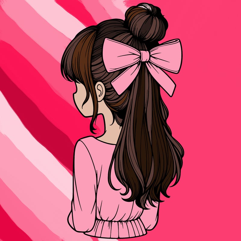 realistic girl  with hip length hair a bun and a big bow on the back of head