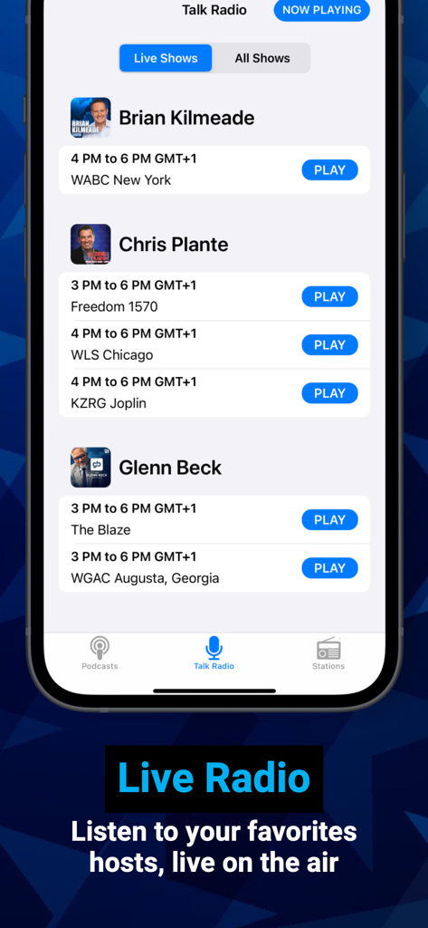 Conservative Talk Radio app interface showing a list of live radio shows and stations for hosts like Brian Kilmeade.