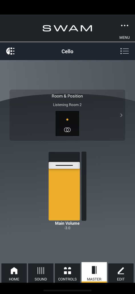 SWAM Cello app interface showing the Room Simulator and Main Volume controls