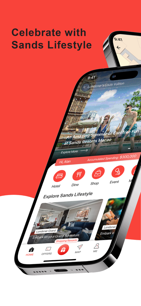 Sands Lifestyleモバイルアプリのホーム画面。高級リゾートのカテゴリと会員情報が表示されています。