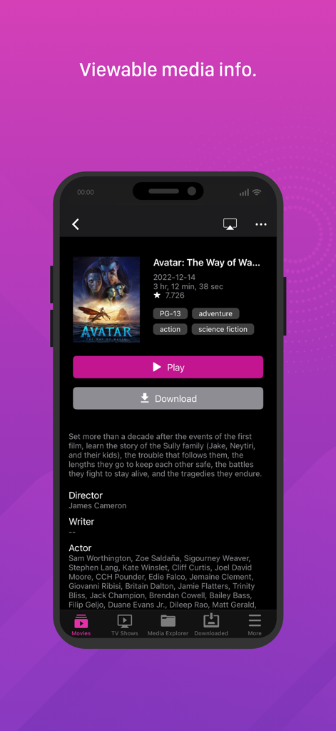 AiVideos - ASUSTOR NAS - Screenshot of the AiVideos app displaying detailed movie information including synopsis, cast, and play buttons for a film stored on a NAS.