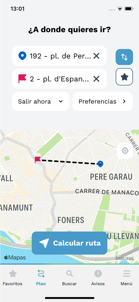 Interfaz de la aplicación EMT Palma que muestra la pantalla de planificación de rutas con un mapa y campos de búsqueda