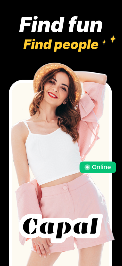 Capal-Discover, Share Together - Promotional screen for the Capal app featuring a smiling woman with the text Find fun Find people