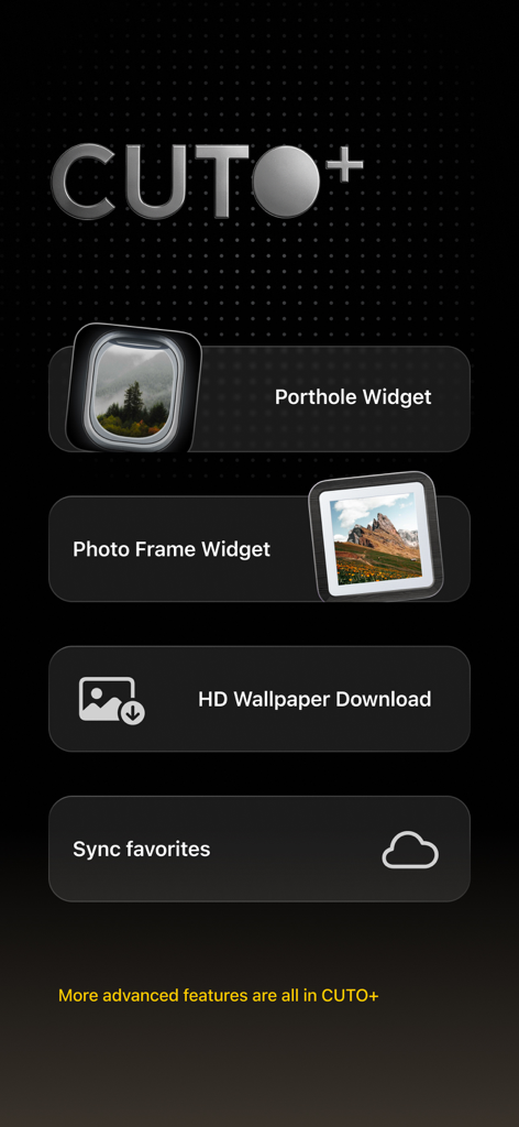 Cuto Wallpaper - Interface showing CUTO Plus premium features including porthole widget photo frame widget and HD wallpaper downloads