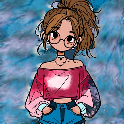 girl with a messy ponytail glasses a baggy crop top and jean shorts