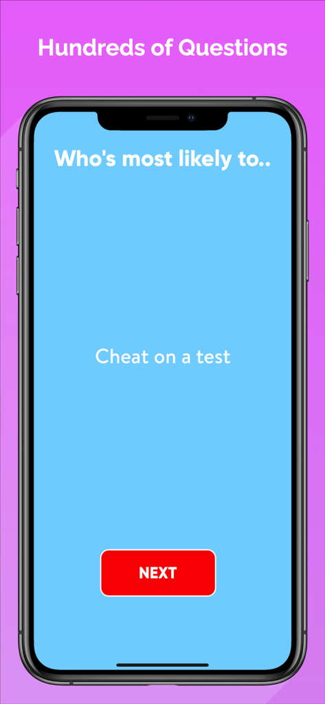 Most Likely To - Party Game - A smartphone screen from the Most Likely To party game asking the question Who is most likely to cheat on a test
