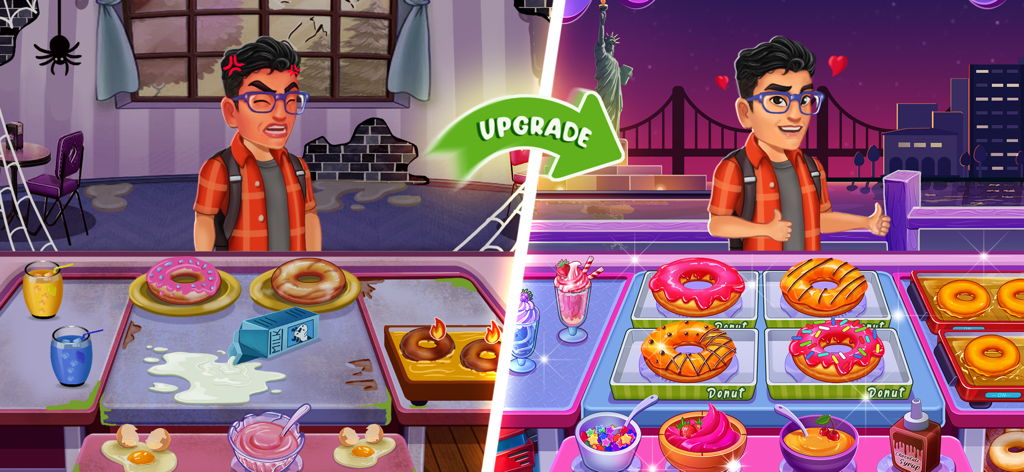Cooking Max - Restaurant Games - Before and after comparison of a kitchen upgrade showing a messy shop evolving into a vibrant NYC donut restaurant