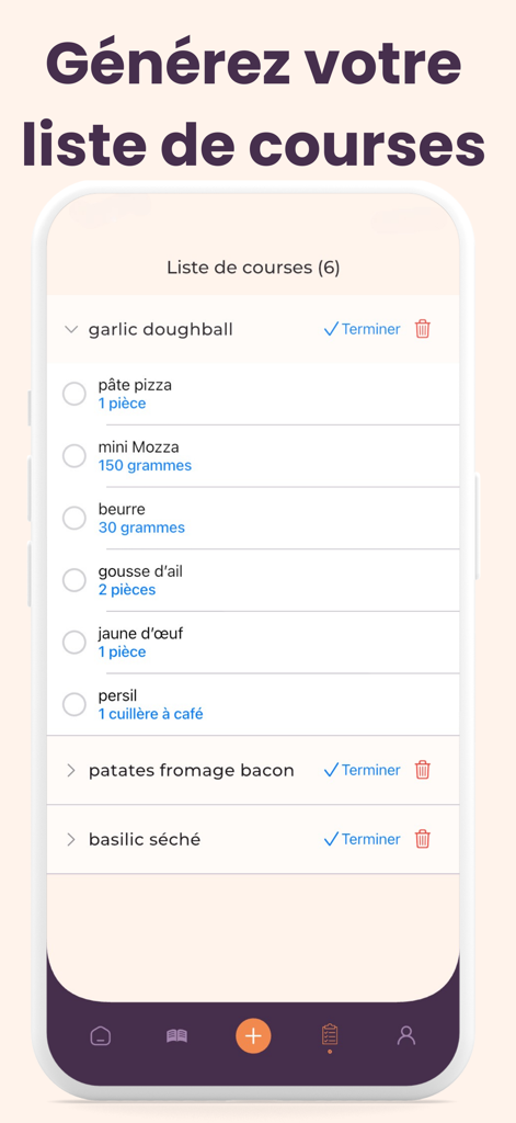 Recettes Airfryer- Cookofry - Smartphone screen showing the Cookofry app grocery list feature for meal preparation.