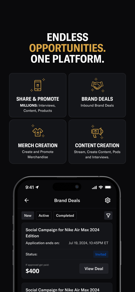Interface of MILLIONS app showing brand deals and content creation features for athletes.