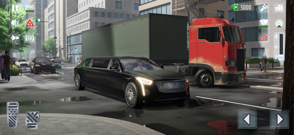 Taxi Car Simulator : EVO - A black luxury limousine driving on a wet city street in the Taxi Car Simulator EVO mobile game