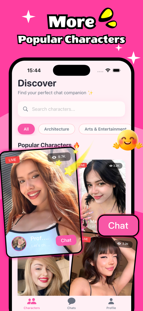 Zylen - Chat - Zylen app discover screen showing a variety of popular AI characters for chat