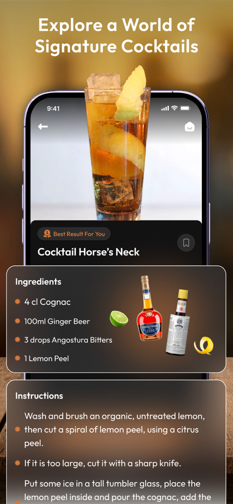 Una pantalla de smartphone que muestra una receta detallada de un cóctel Horse's Neck con lista de ingredientes e instrucciones de preparación.