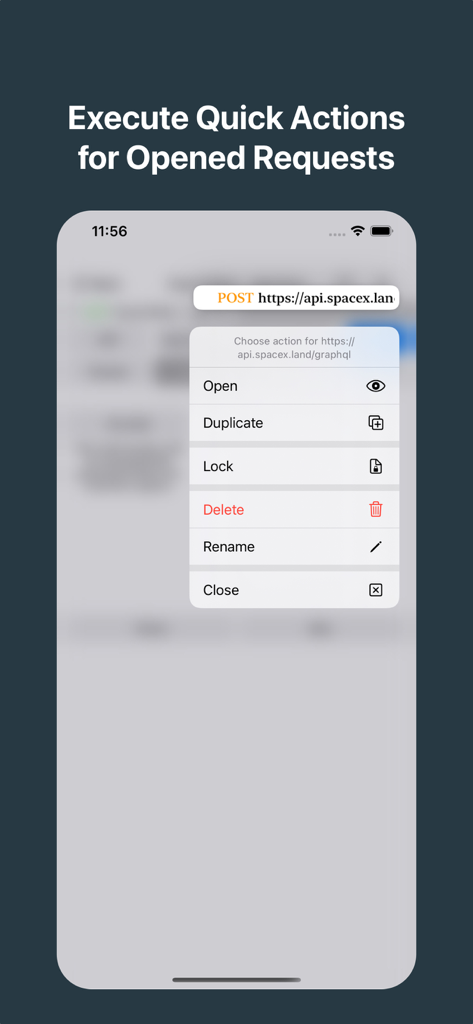 REST APIリクエストの管理（複製を開く、削除を含む）のためのクイックアクションが表示されたモバイルアプリインターフェース
