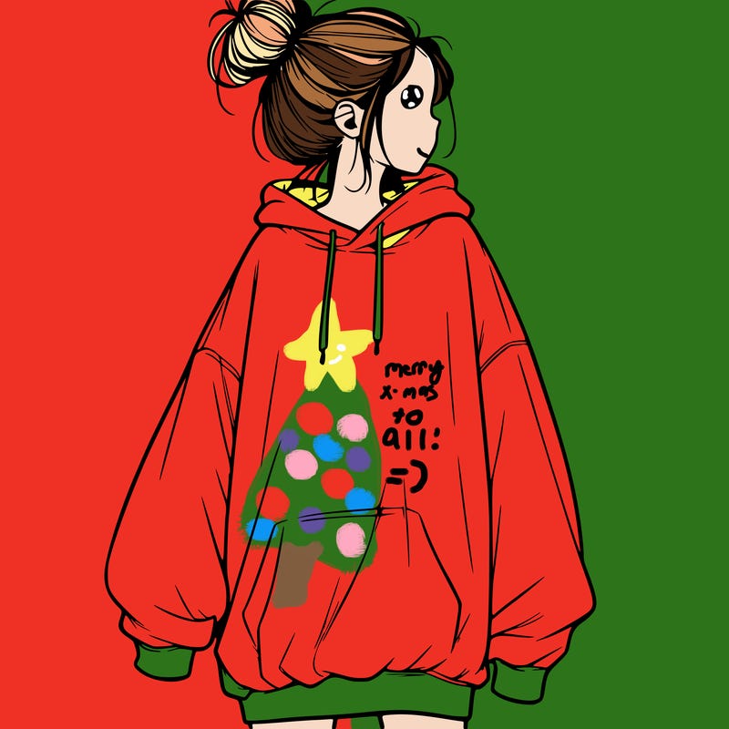 realistic girl with a oversized sweatshirt on and a bun