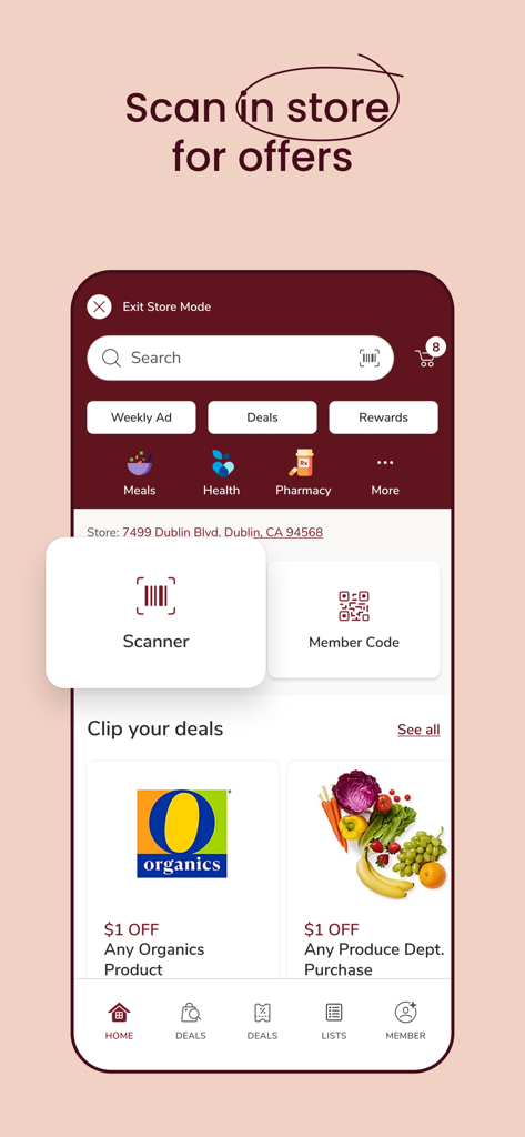 Safeway Deals & Delivery - Safeway app interface displaying the in-store scanning feature and digital coupons for grocery deals
