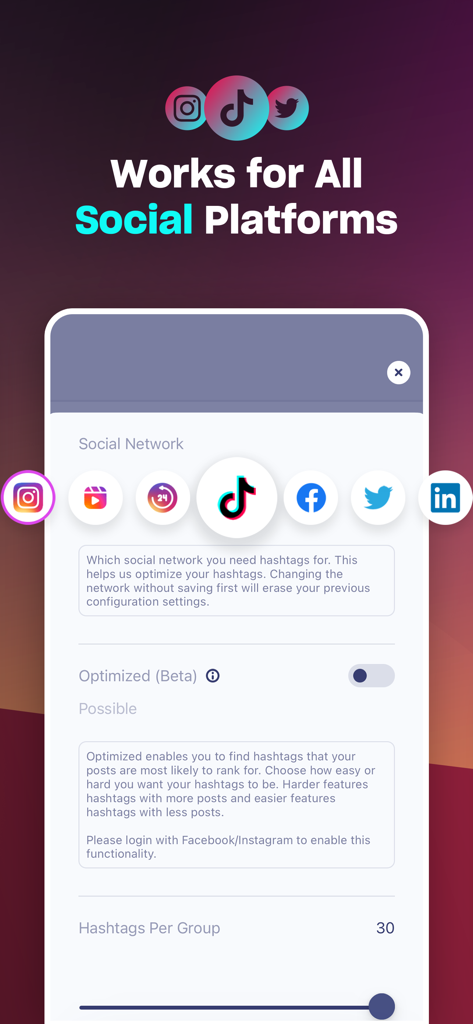 Hashtag Expert: AI Captions - Interface de l'application Hashtag Expert montrant la compatibilité avec plusieurs plateformes de réseaux sociaux comme TikTok et Instagram