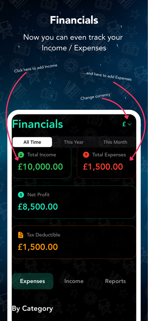 Audition Tracker - Financial management screen in Audition Tracker displaying income and expenses