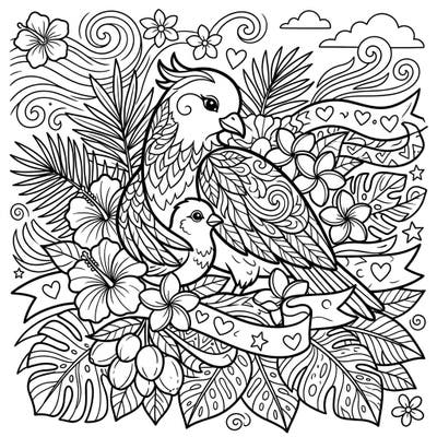 Drift into a tropical paradise with this heartwarming Mother's Day coloring page, featuring a loving pair of birds nestled among lush flora carried by gentle trade winds. This intricate design is a beautiful way to express appreciation and creativity for the special moms in your life.