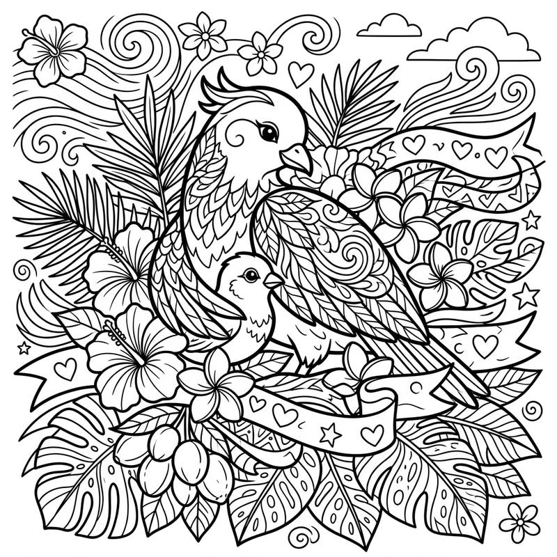 Drift into a tropical paradise with this heartwarming Mother's Day coloring page, featuring a loving pair of birds nestled among lush flora carried by gentle trade winds. This intricate design is a beautiful way to express appreciation and creativity for the special moms in your life.