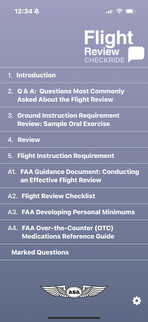 Schermata del menu principale dell'app Flight Review Checkride che mostra sezioni per istruzione teorica, istruzione di volo e documenti di orientamento FAA