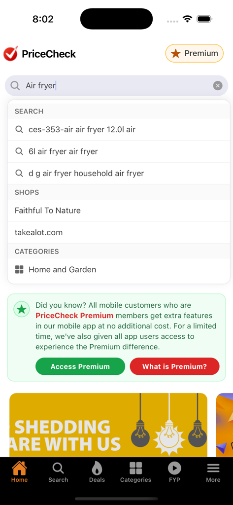 PriceCheck mobile app search screen showing price comparison suggestions for air fryers across various retailers.