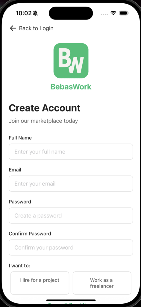 BebasWork - Pantalla de creación de cuenta de la aplicación BebasWork para freelancers y clientes
