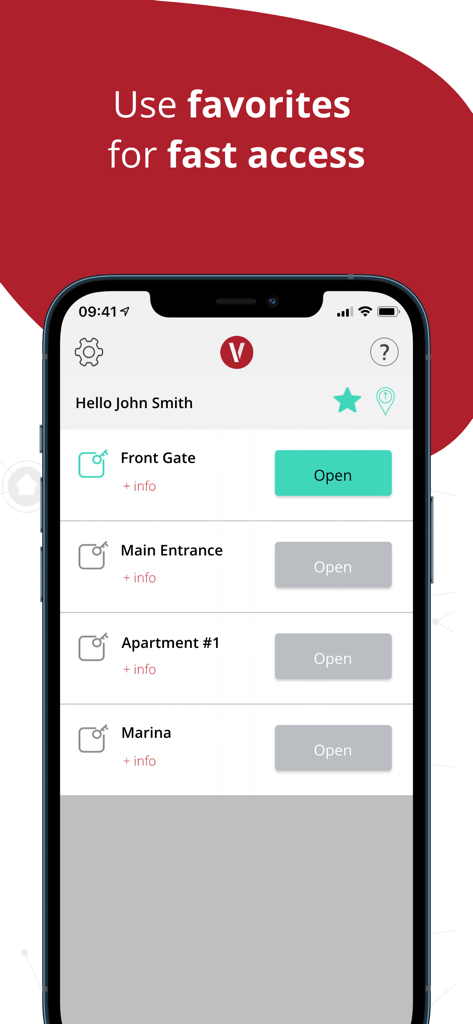 VIZpin Smart - VIZpin Smart app screen showing a list of favorite doors and gates for quick digital key access