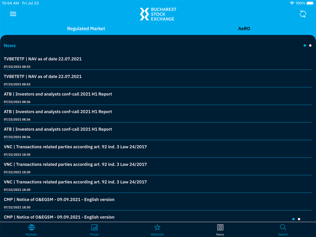Écran d'actualités de l'application iPad de la Bourse de Bucarest affichant des rapports financiers et des annonces de marché.