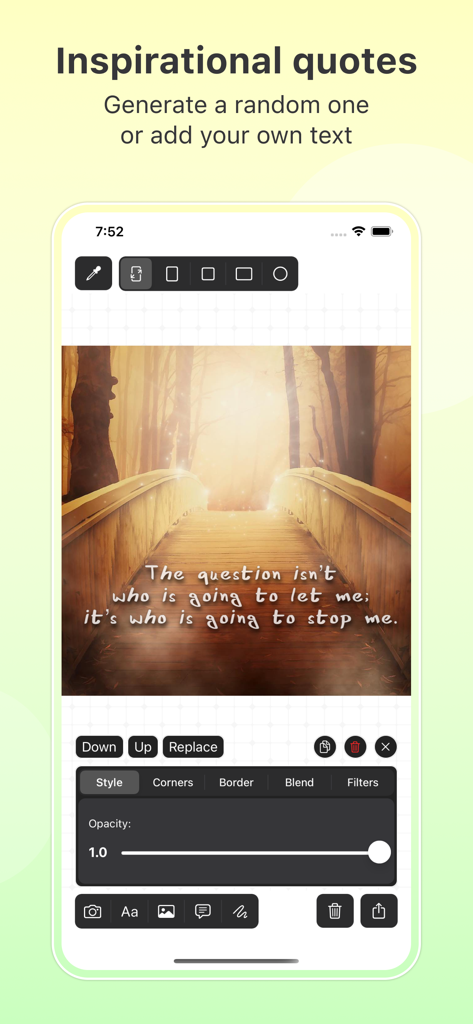 Cre8 - Photo Editor & Drawing - A screenshot of the Cre8 app showing an inspirational quote overlaid on a photo of a wooden bridge.