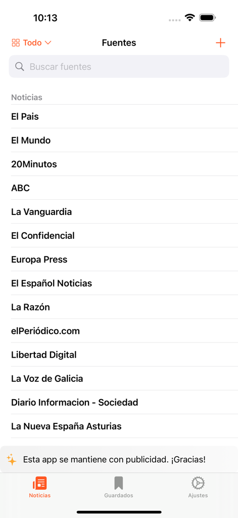 Capture d'écran de la liste des sources d'information de l'application Spain News, avec les principaux journaux espagnols.