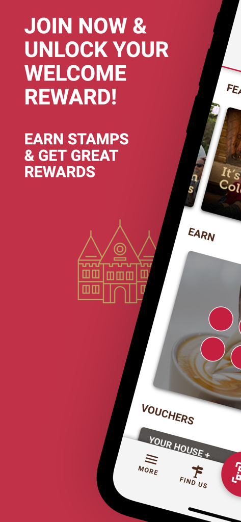 Chateau Gateaux mobile app welcome screen showing loyalty rewards and stamp collection program