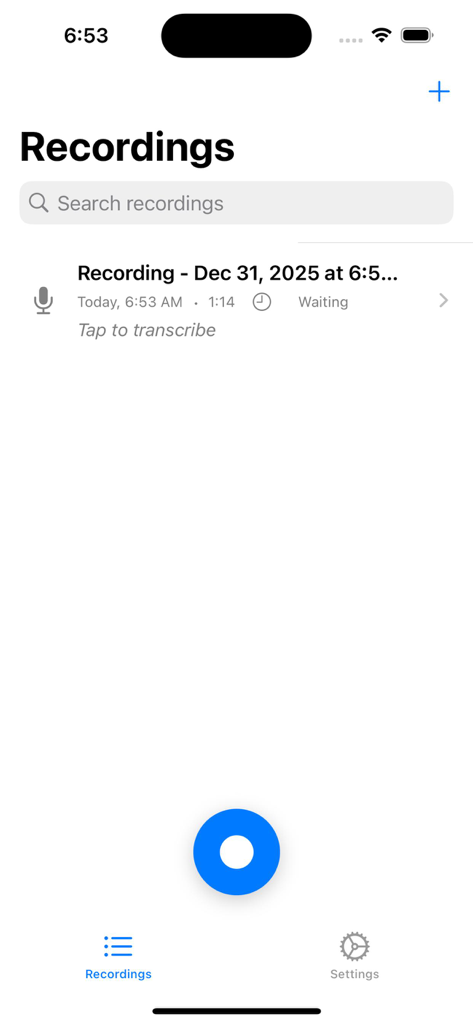 SecureVox - The recordings screen of the SecureVox app displaying a list of audio files and a transcription prompt.