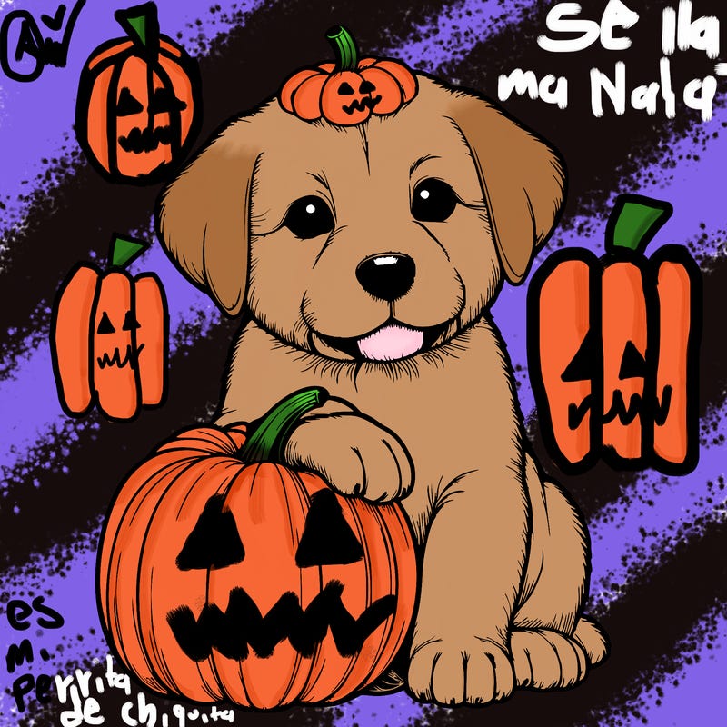 a realistic puppywith a pumpkin on his head