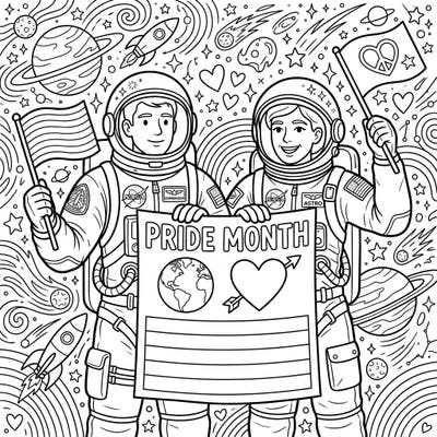 Embark on a vibrant journey through space with our Astronaut Commanders celebrating Pride Month! This intricate coloring page invites you to express creativity and celebrate love and diversity among the stars.