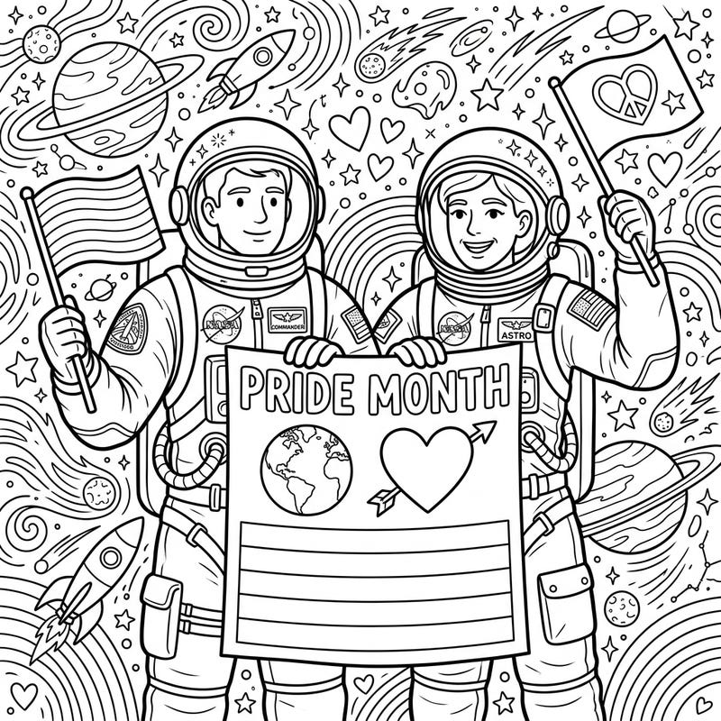 Embark on a vibrant journey through space with our Astronaut Commanders celebrating Pride Month! This intricate coloring page invites you to express creativity and celebrate love and diversity among the stars.