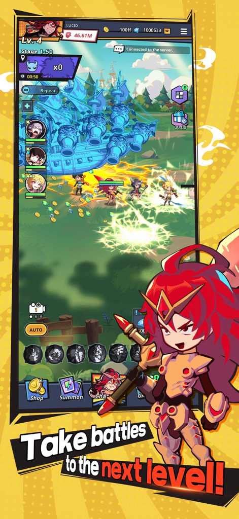 Hardcore Leveling Warrior - Ein Screenshot einer Idle-Kampfszene in Hardcore Leveling Warrior mit dem rothaarigen Hauptcharakter und der Kampf-UI.