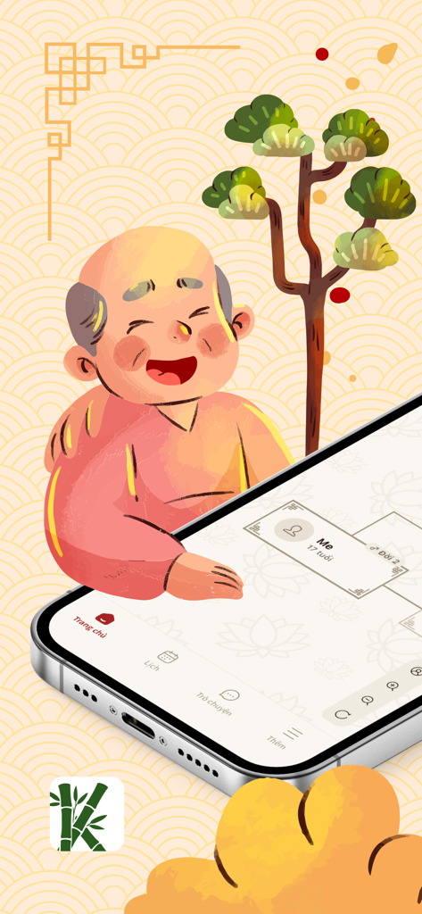 Kintree - Family Tree - Illustration of a smiling elderly man next to an iPhone displaying the Kintree family tree app interface