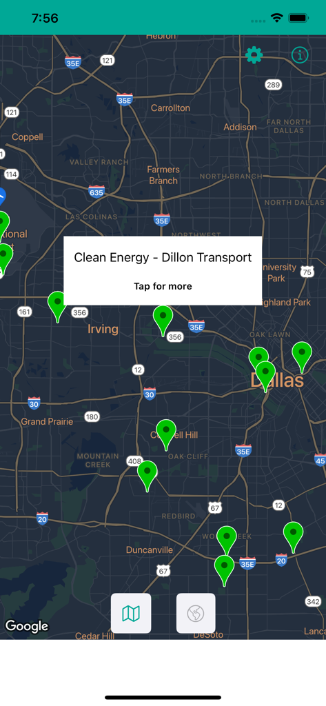 Map view of CNG Stations USA app showing fueling station locations in Dallas
