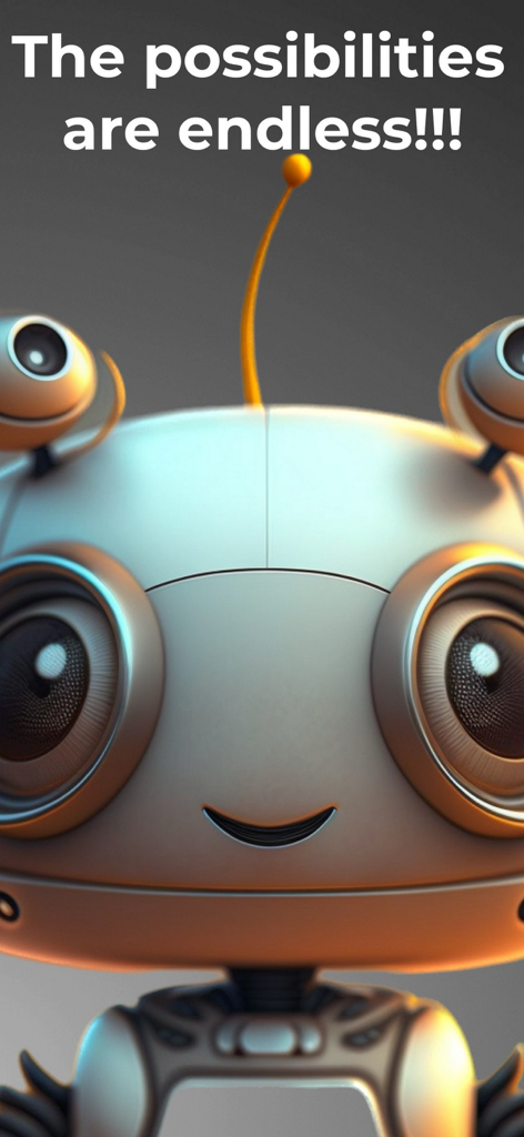 A friendly 3D robot mascot for the Write For Me AI Essay Writer app with the text The possibilities are endless.