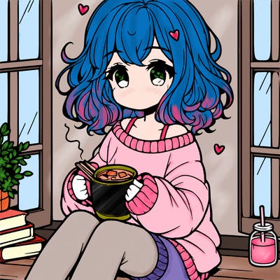 cute anime girl reading book and drinking hot chocolate from mug with loose wavy hair wearing a baggy sweatshirt and shorts sitting by windowsill looking out