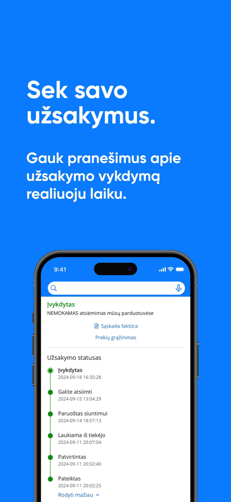 Pigu.lt - mobilioji parduotuvė - Real-time order tracking status timeline in the Pigu.lt mobile shopping app