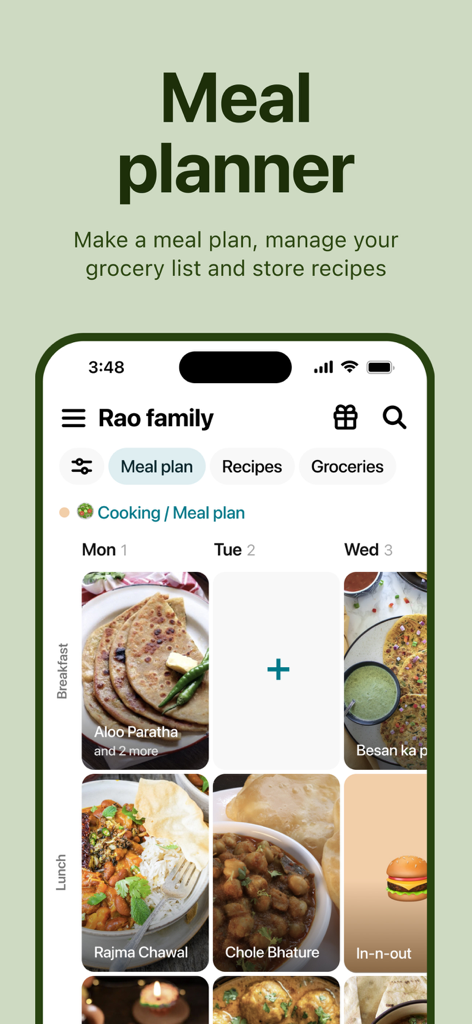 Maple Family Organizer - Maple app meal planner interface showing a weekly family menu with images for breakfast and lunch